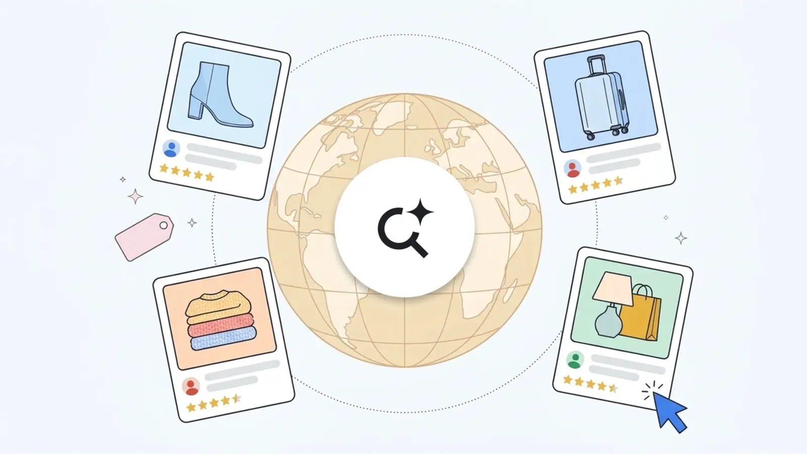 Illustration of four product cards with star ratings around a globe, with the AI Mode search icon at its center.