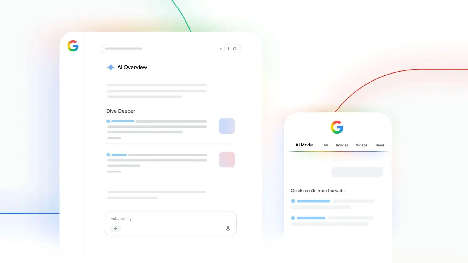 Google graphic of an AI Overview card with a Dive Deeper link section beside an AI Mode phone card showing quick web results.