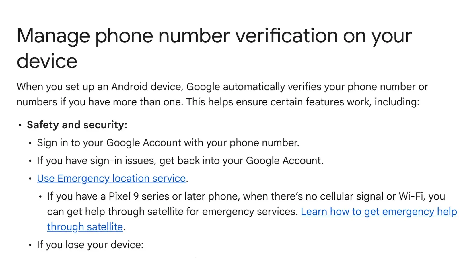 Google Android Help page titled Manage phone number verification on your device, with its opening lines and the first list of features.