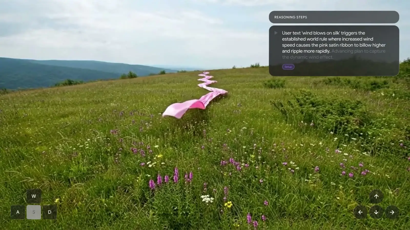 Screenshot of Genie 4's generated pink ribbon in a meadow, with Gemini reasoning and navigation controls.