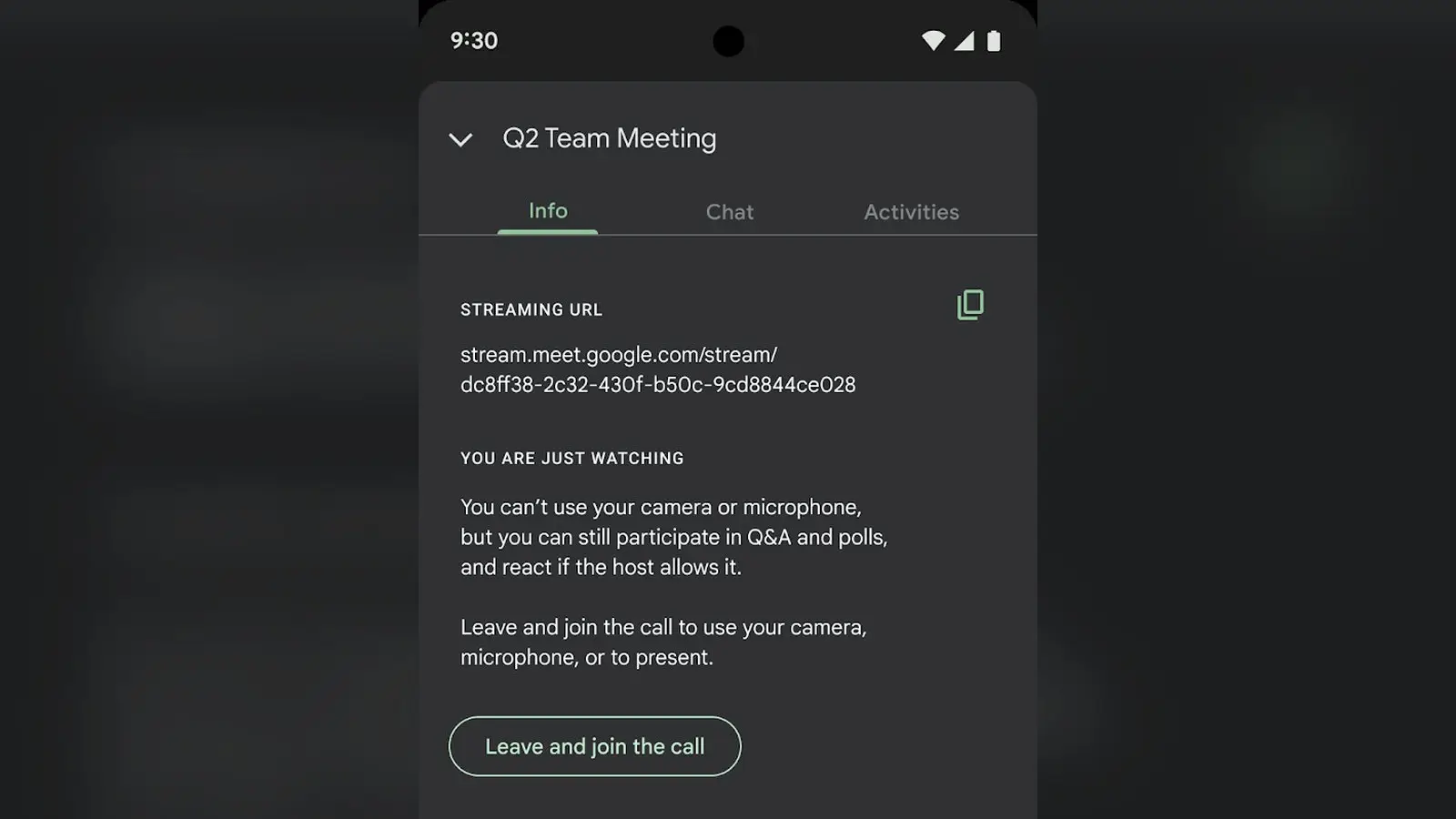 A Google Meet screenshot on Android of a Q2 Team Meeting Info tab for a live stream, with the streaming URL, a note that you are just watching, and a Leave and join the call button, centred on a blurred dark background.