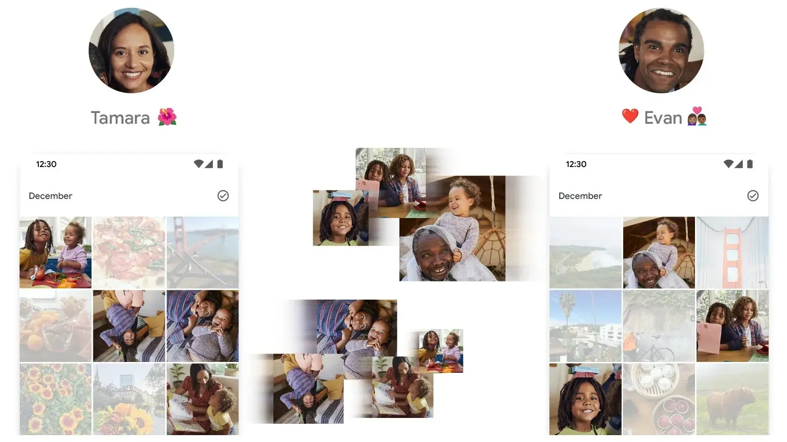 Two phone screens showing Google Photos grids for two people, Tamara and Evan, with family photos floating between them to show photos being shared.