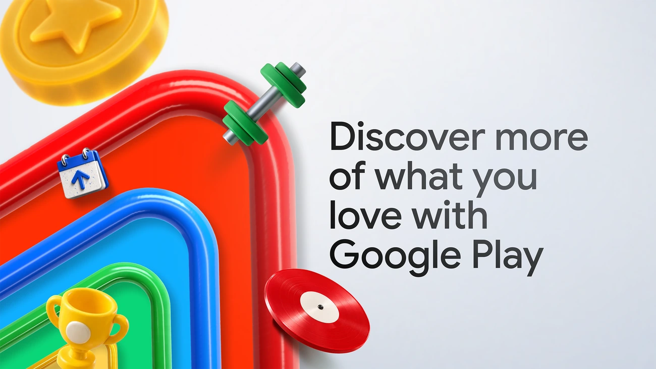 Colorful rounded 3D shapes with a gold coin, dumbbell, calendar, trophy and red record beside the text Discover more of what you love with Google Play.