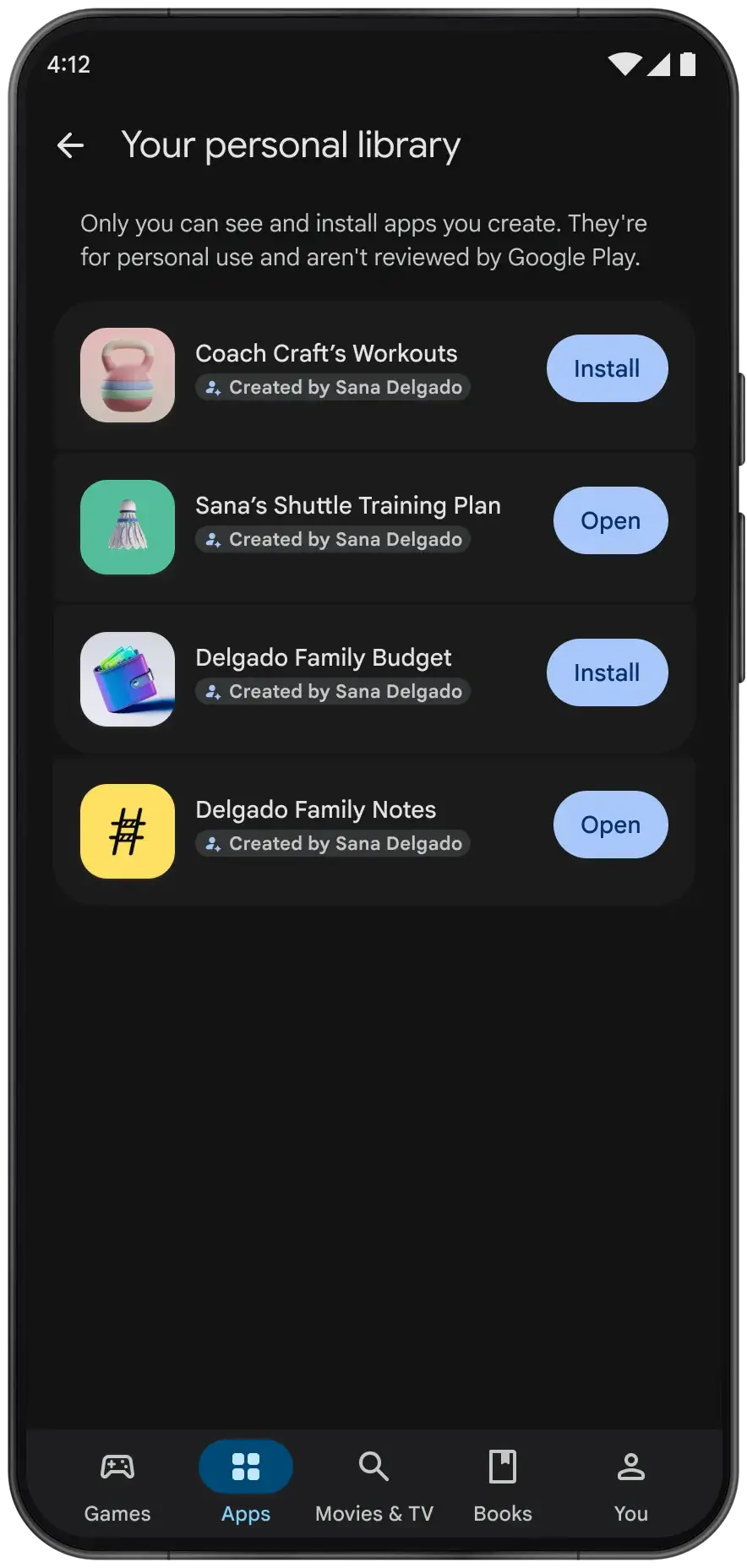 Phone screen titled Your personal library listing four apps created by one user, two with Install buttons and two with Open buttons.