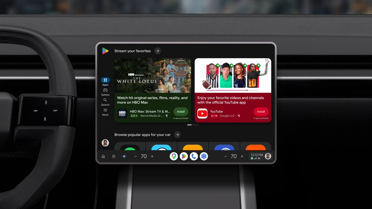 A car dashboard touchscreen showing the Google Play Store with Apps, Games, Search and More along the left edge, featured HBO Max and YouTube apps, and a row of popular apps.