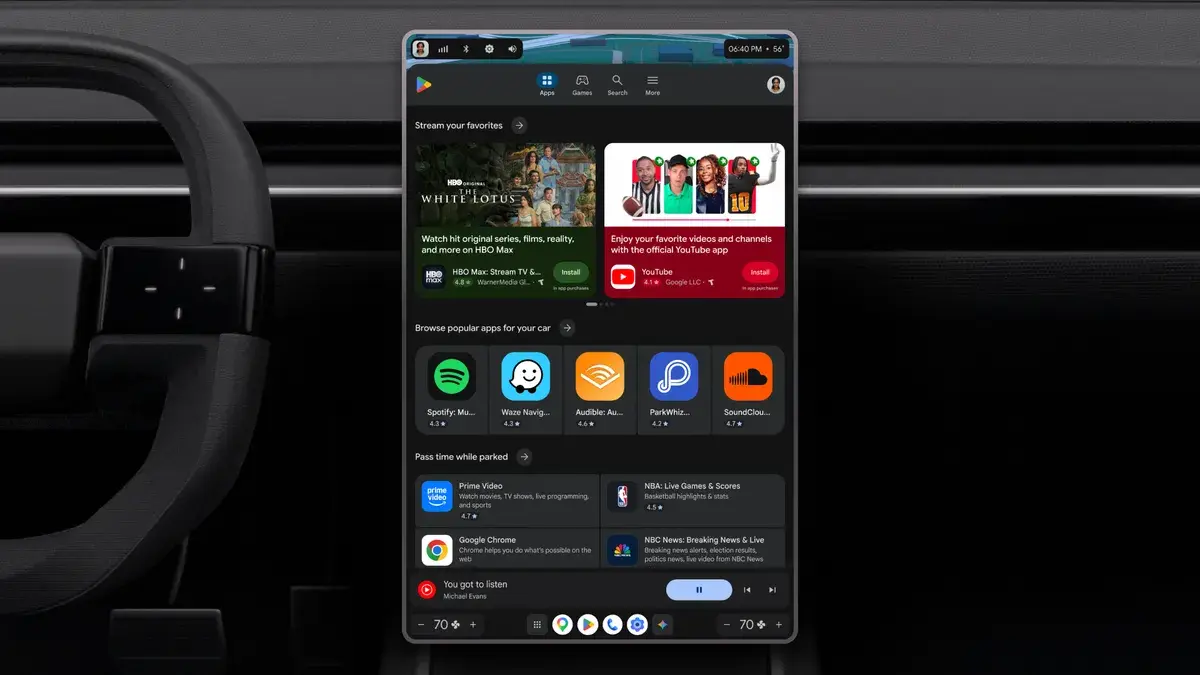 A tall car touchscreen showing the Google Play Store with Apps, Games, Search and More across the top, featured apps, popular apps and a Pass time while parked list.