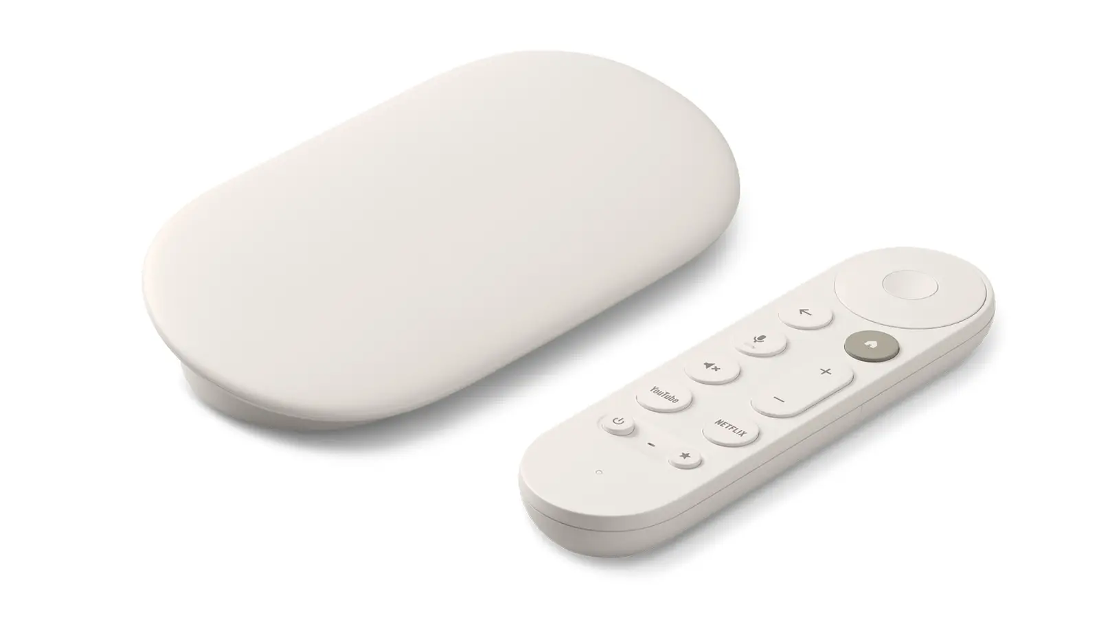 Google TV Streamer in Porcelain with its voice remote, shown at an angle on a white background.