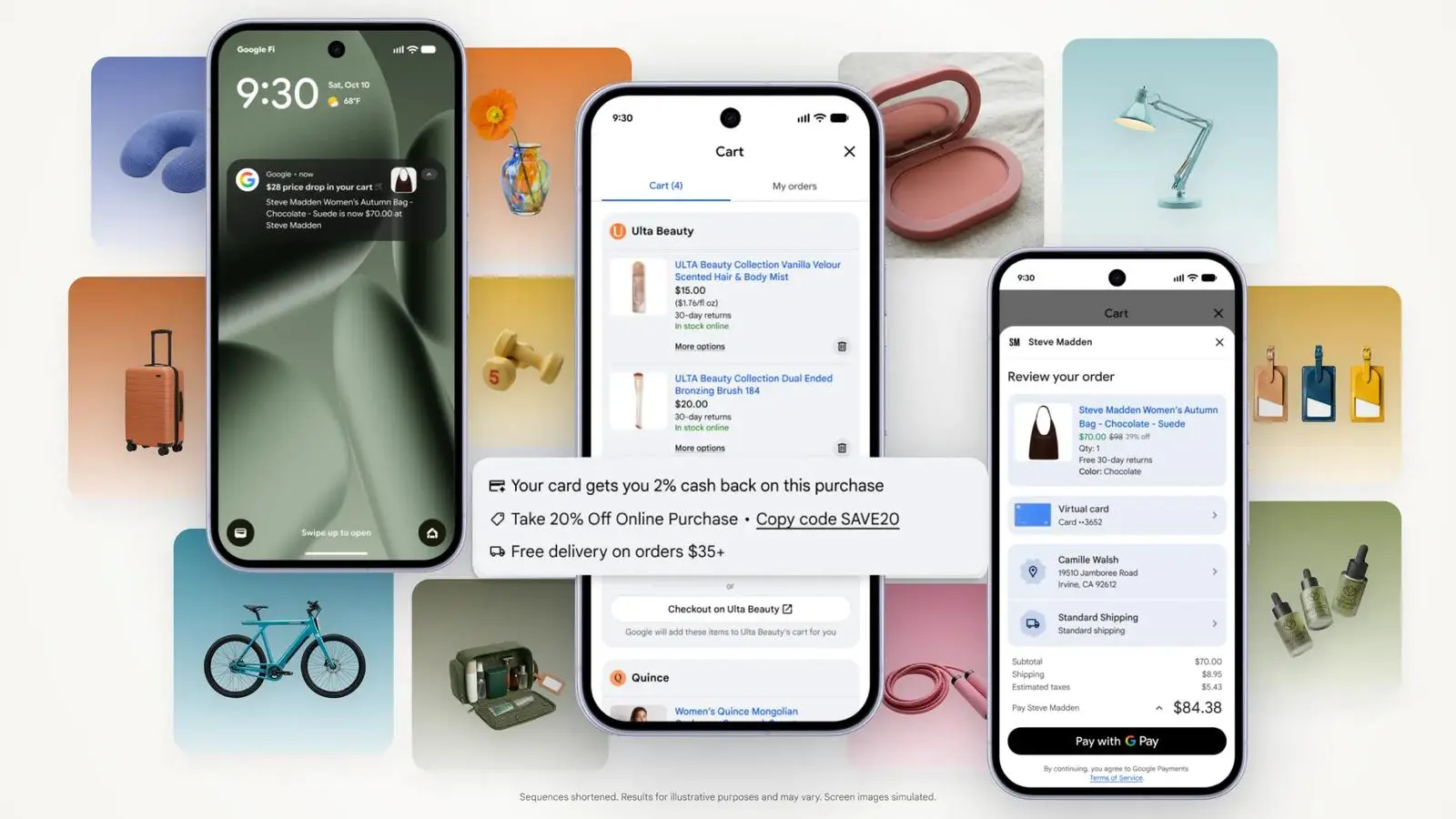 Three phone screens showing a Universal Cart price-drop notification, a cart grouped by retailer with a promo code, and a Pay with Google Pay review screen, surrounded by product photos.