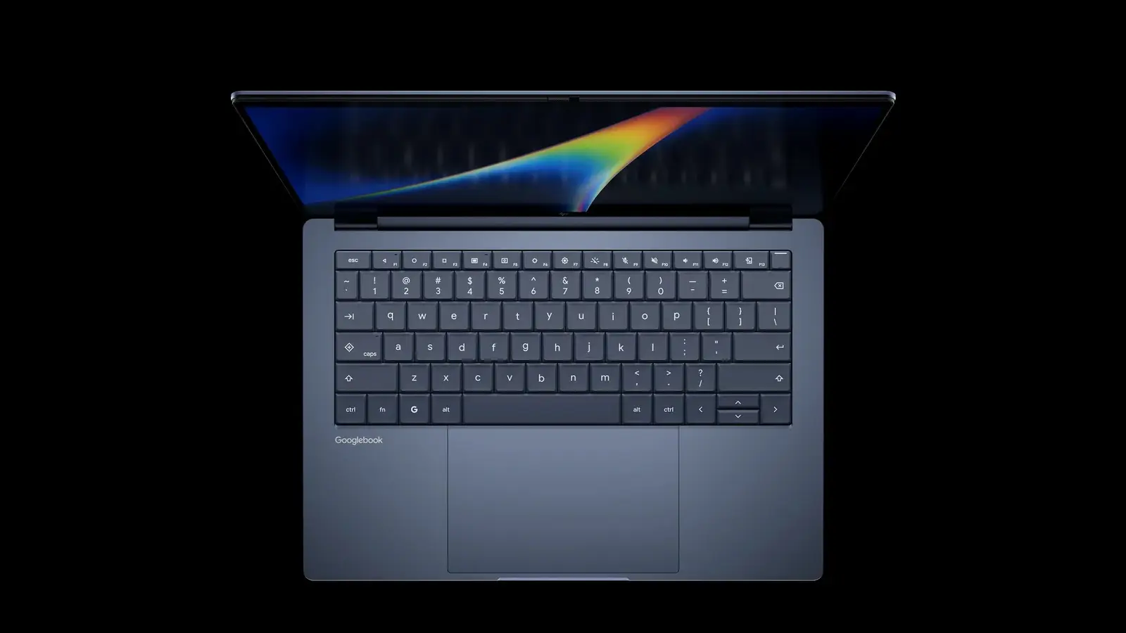 Top-down view of an open HP Googlebook 14 laptop on a black background, its screen showing a rainbow-coloured wallpaper.