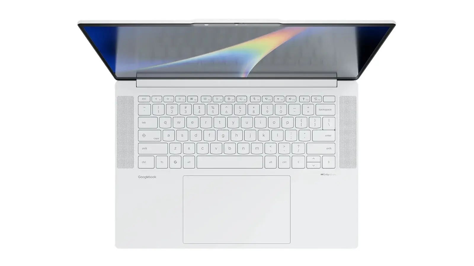 The Lenovo Googlebook 15 in white seen from above, showing its keyboard and trackpad below a colorful abstract wallpaper.
