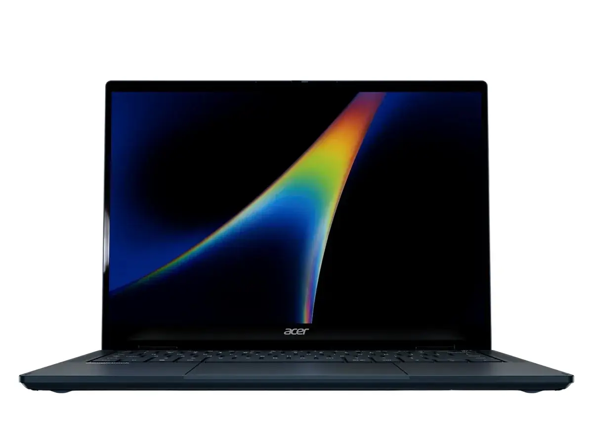 The Acer Googlebook 14 in dark blue seen from the front, showing a colorful abstract wallpaper on its display.
