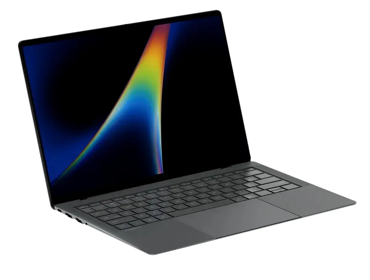 The ASUS Googlebook 14 open at an angle in graphite, showing a colorful abstract wallpaper on its display.