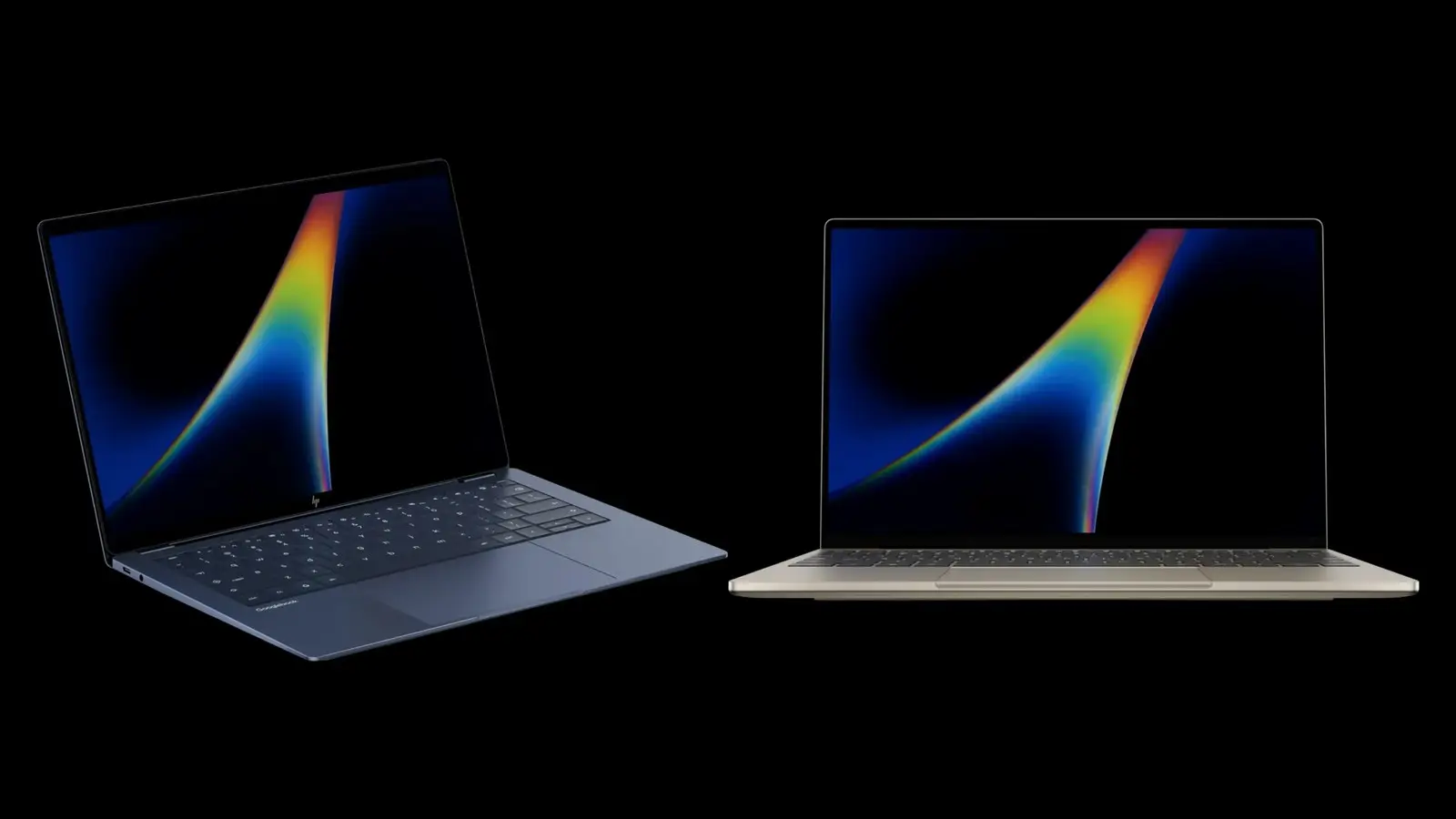The HP Googlebook 14 in blue and the Dell XPS Googlebook in champagne, both open, side by side on a black background.