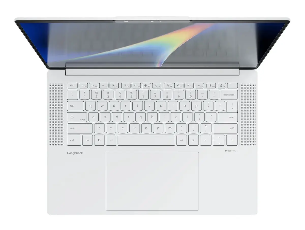 The Lenovo Googlebook 15 in white seen from above, showing its keyboard and trackpad below a colorful abstract wallpaper.
