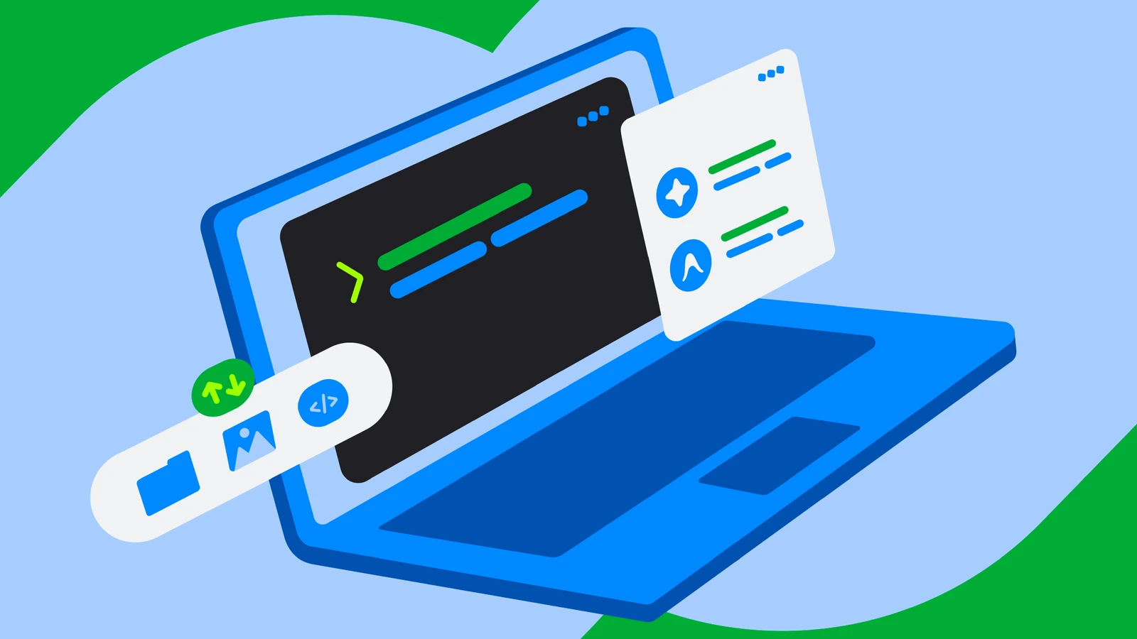 Google's illustration of a laptop with a command-line window. It is a generic graphic, not a photo of a Googlebook.