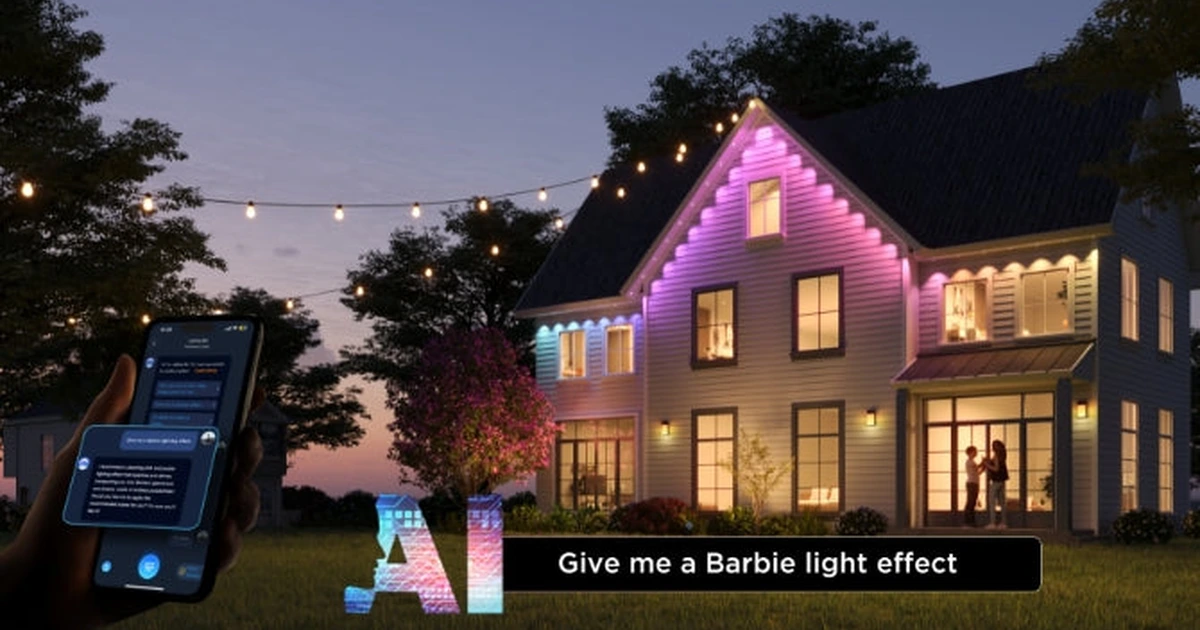 A house at dusk with Govee Permanent Outdoor Lights 2 glowing pink and rainbow along the eaves, and a phone in the foreground showing the Govee app's AI prompt 'Give me a Barbie light effect'.