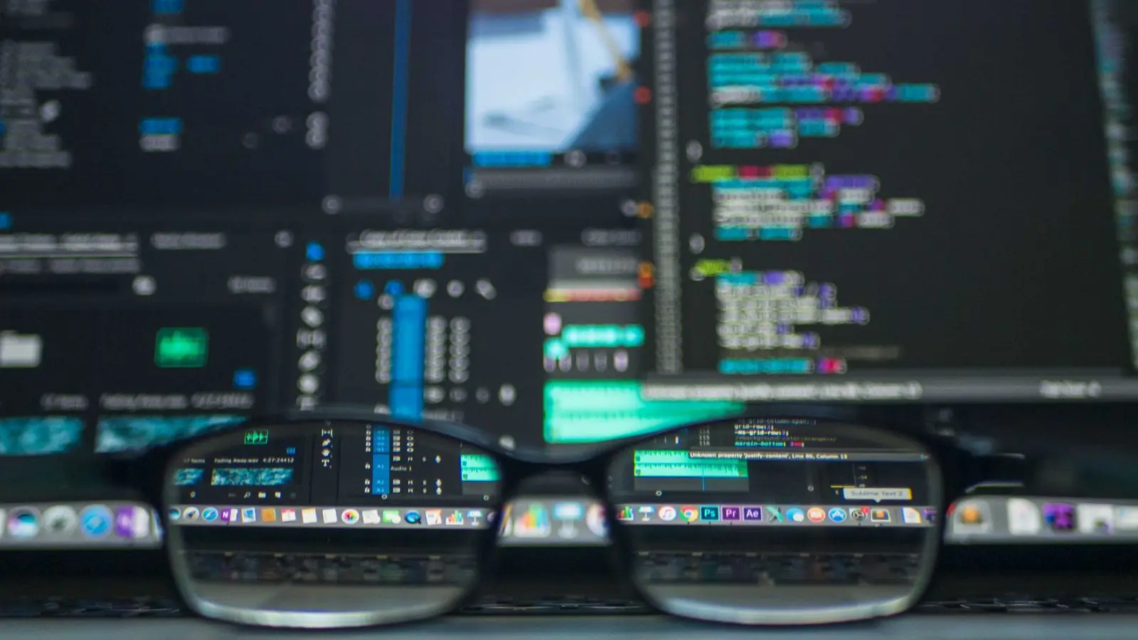 Eyeglasses in focus in front of blurred monitors showing code and editing software.