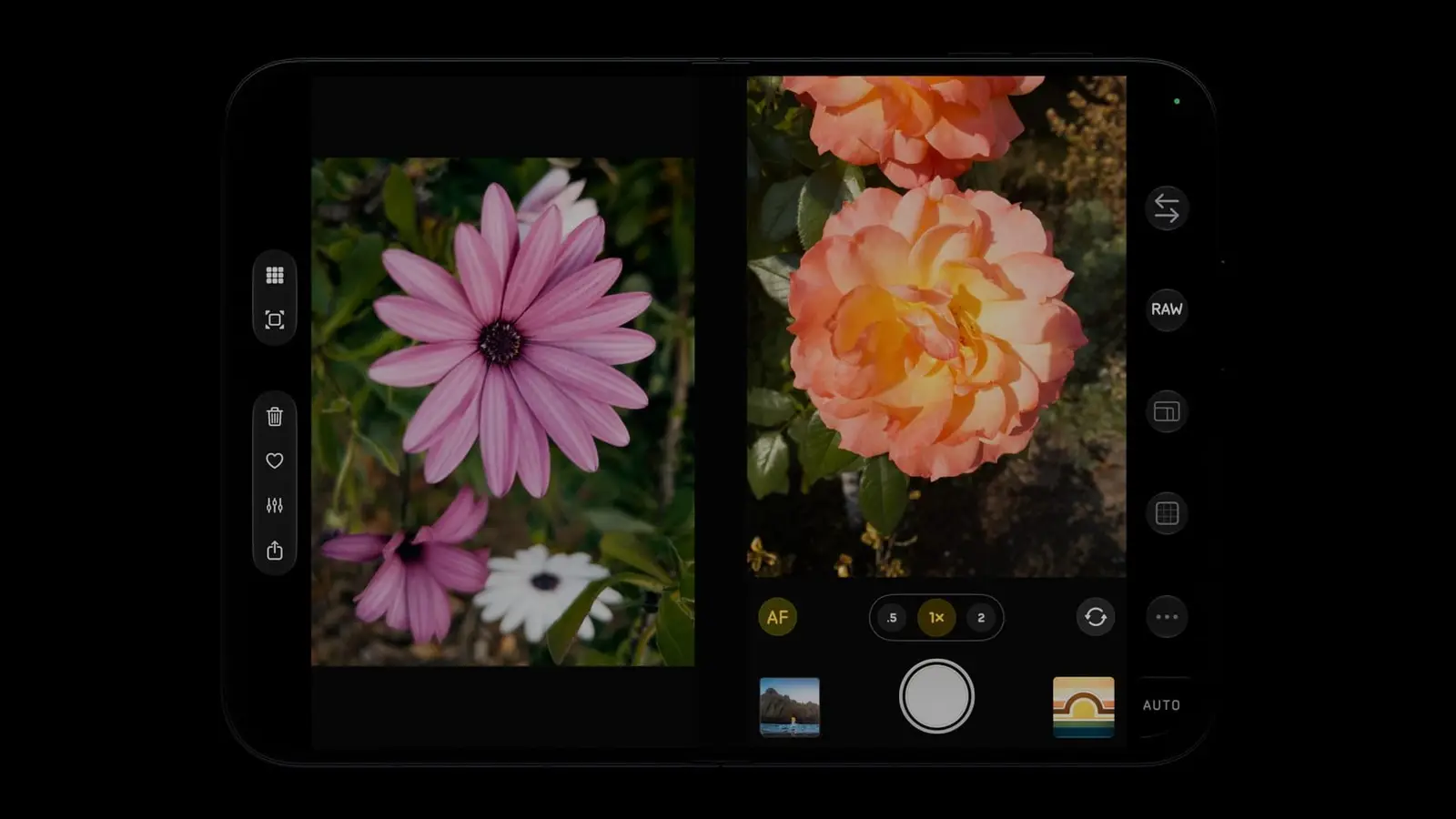 Halide's camera on a fully open iPhone Duo: last photo on the left screen, viewfinder with shutter on the right