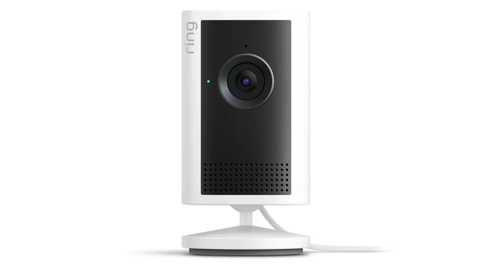 A white Ring Indoor Cam Plus, a plug-in home security camera with a black front and round lens, on a white background.