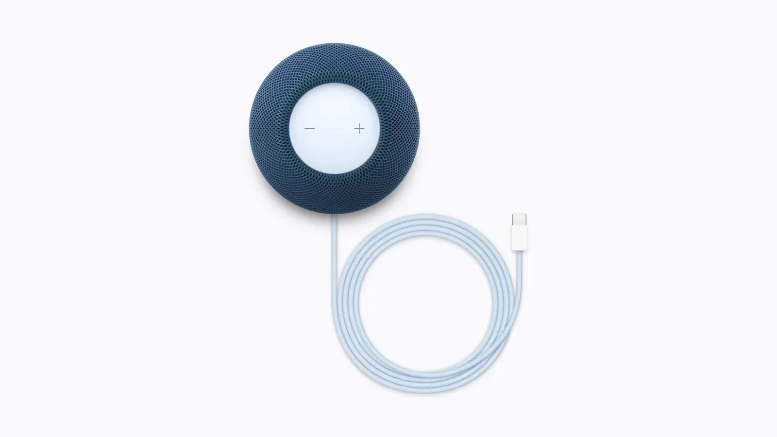 A blue HomePod mini 2 seen from above with its lit touch surface, and its light-blue braided USB-C power cable coiled below it on a plain light background.