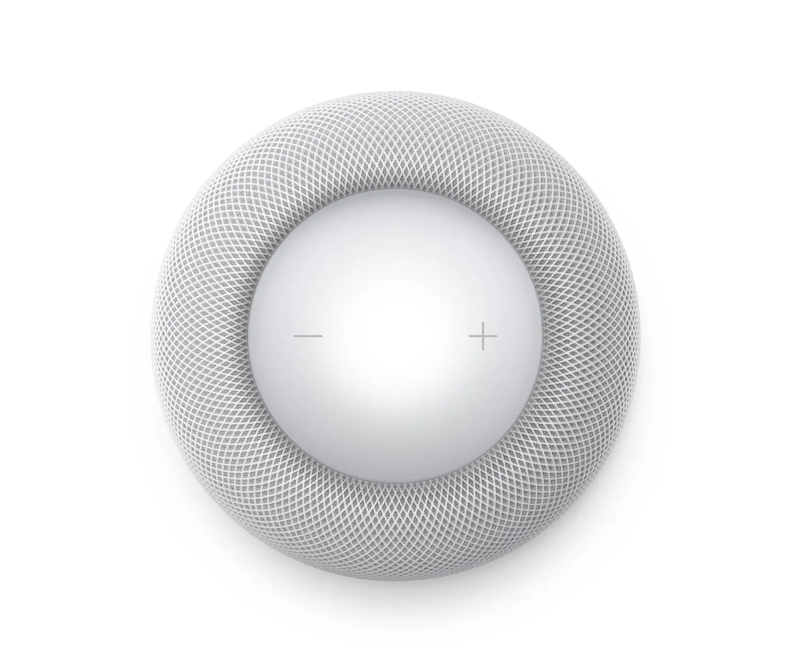 A white HomePod (2nd generation) seen from above, showing its woven mesh fabric and the touch surface with minus and plus controls.
