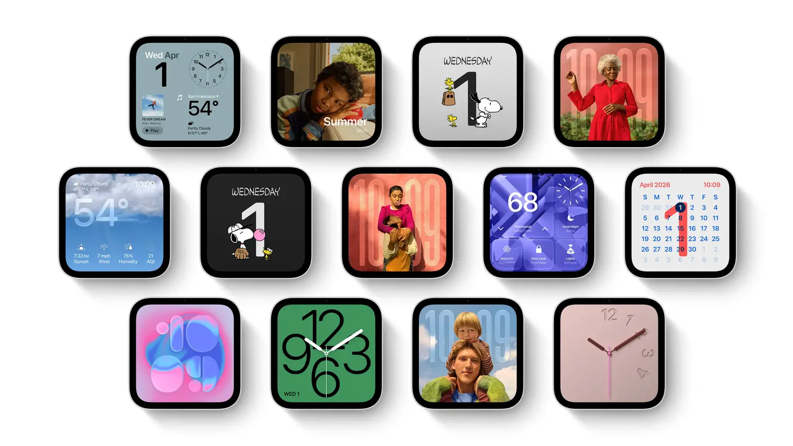 Thirteen Apple HomeView displays in a grid on a white background, each in a black bezel and showing a different face: weather, calendar, smart-home panel, clocks and family photos.