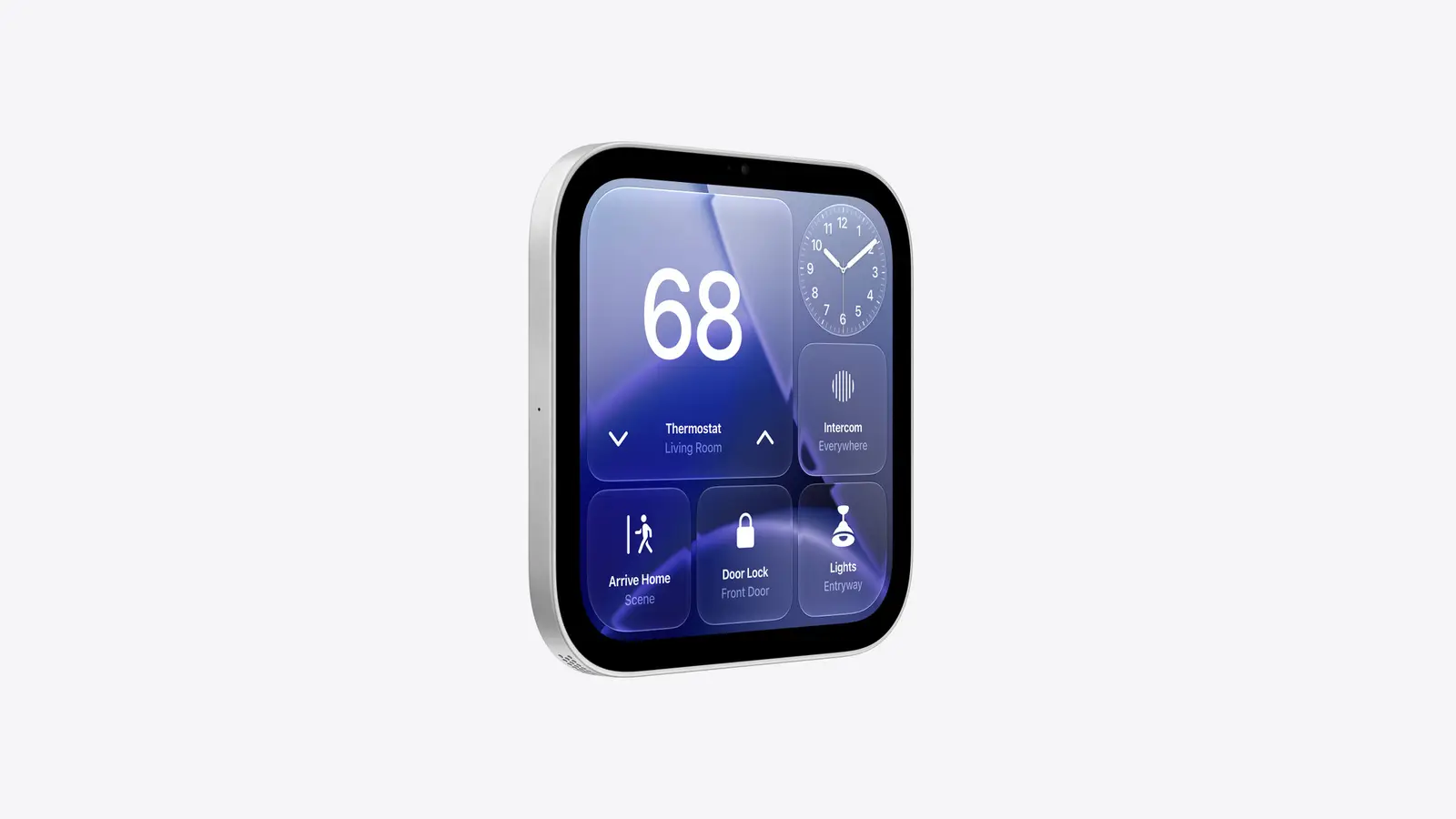 Apple's wall-mounted HomeView seen at an angle on a plain light background, its screen showing a 68 degree thermostat, a clock, and intercom, scene, door lock and lights tiles.