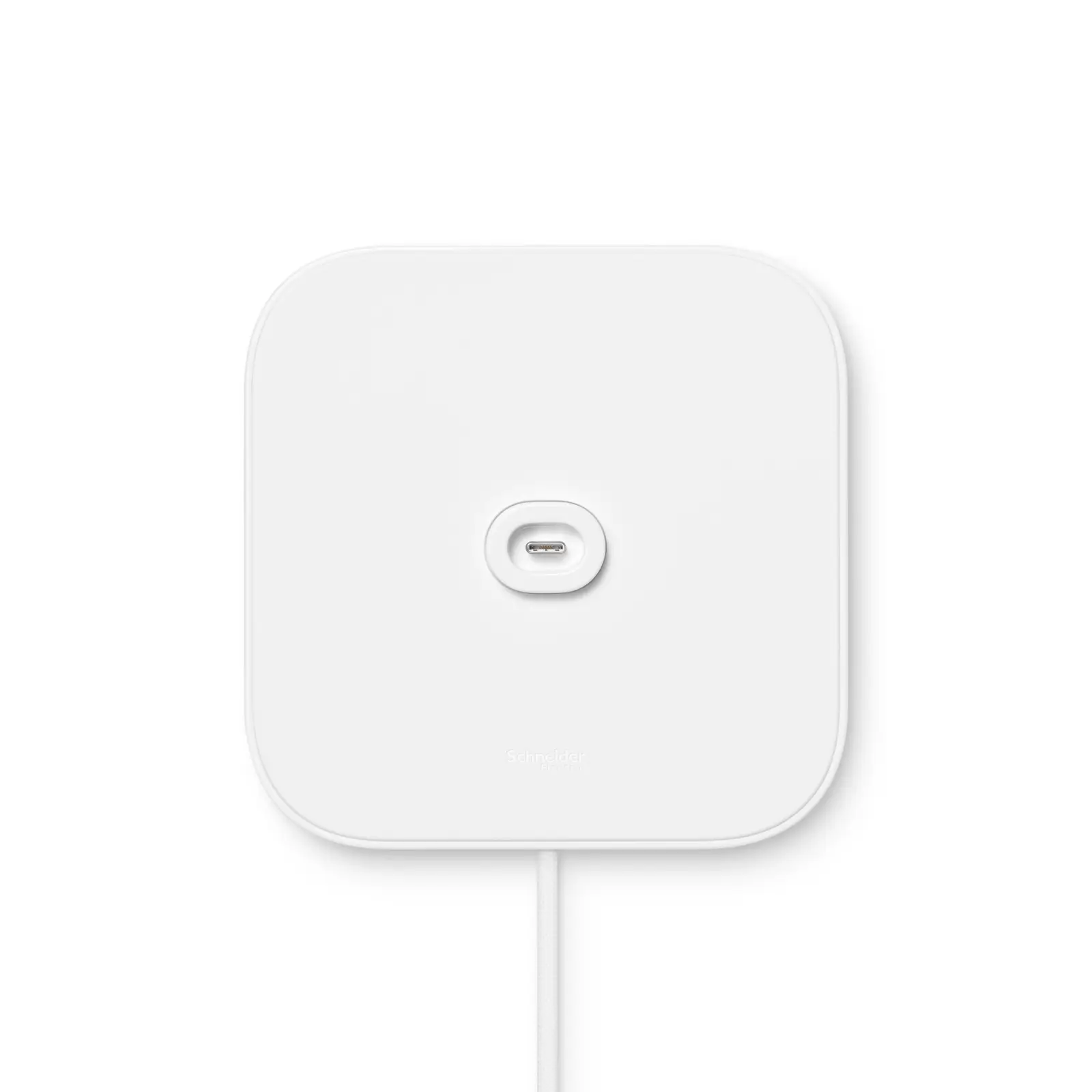 Front view of Apple's white square Schneider Home USB-C Wall Connector mount, with a USB-C port in its centre and a white braided cable running down from the bottom edge, shown whole on a white background.