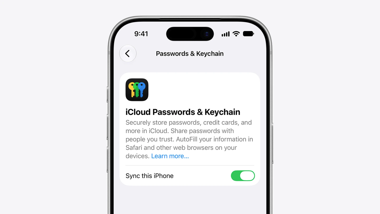 The Passwords & Keychain screen in iPhone Settings, showing iCloud Passwords & Keychain with the Sync this iPhone switch turned on.