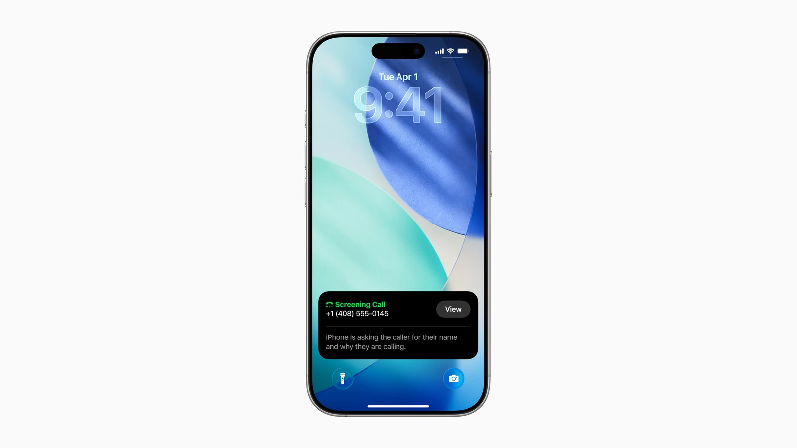 iPhone 16 Pro Lock Screen with a Screening Call banner: iPhone is asking the caller for their name and why they are calling.