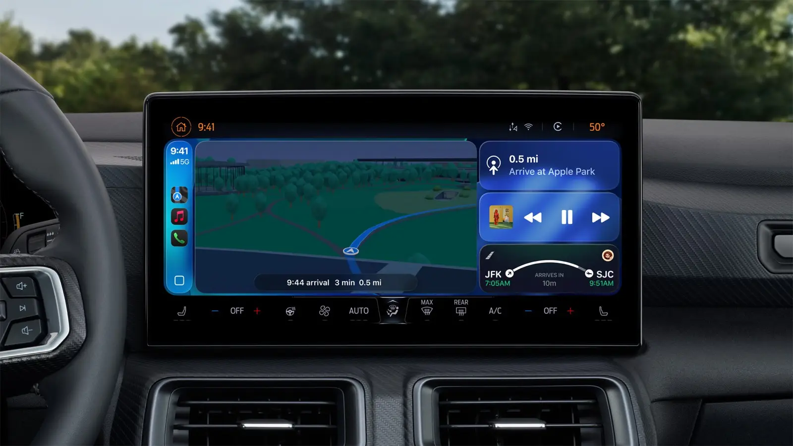 A CarPlay dashboard on a car's touchscreen showing a map, with a Live Activity card for an upcoming flight, a music player and navigation directions on the right.