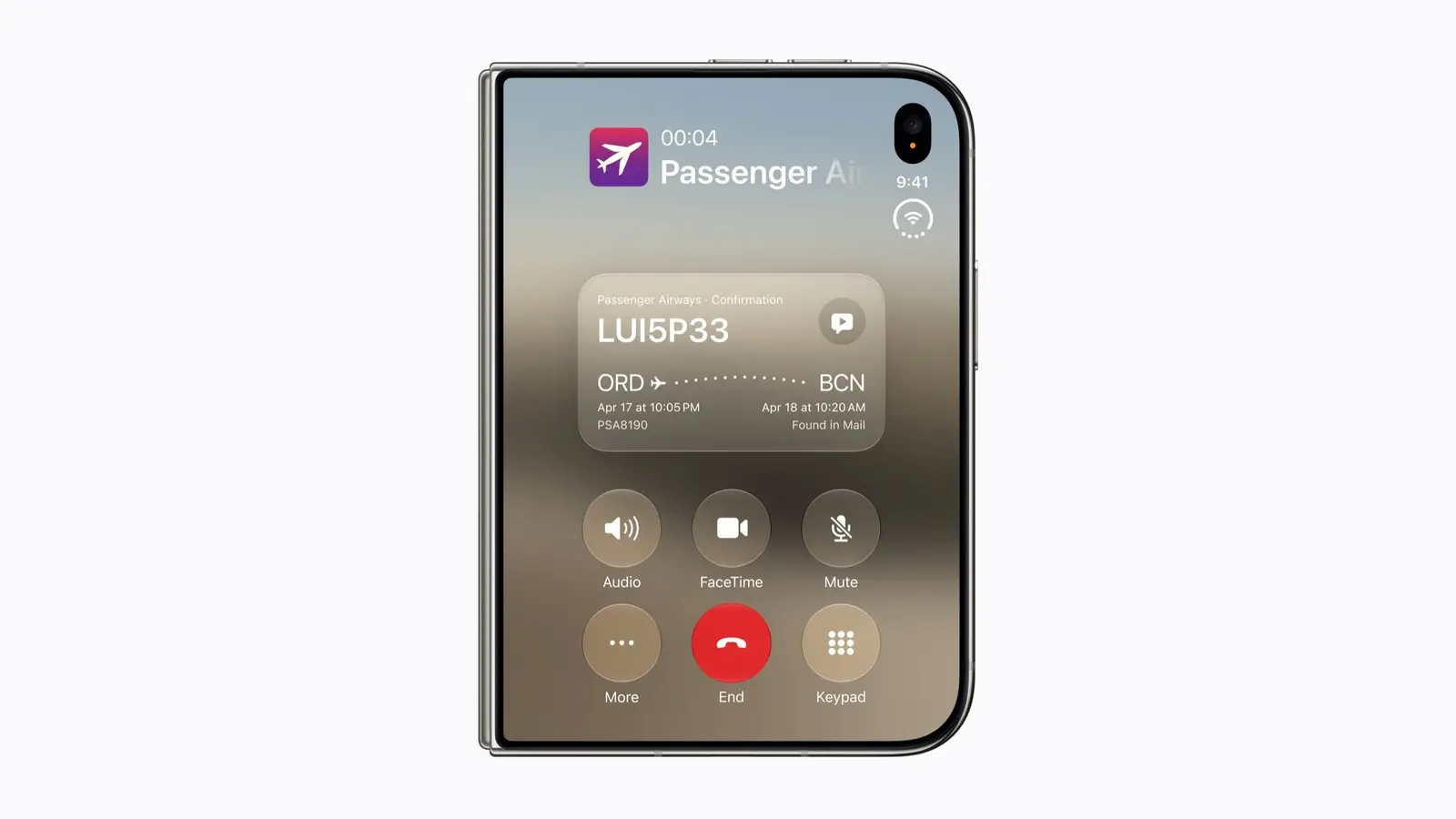 An Apple iPhone Duo showing a call screen with a flight confirmation card.