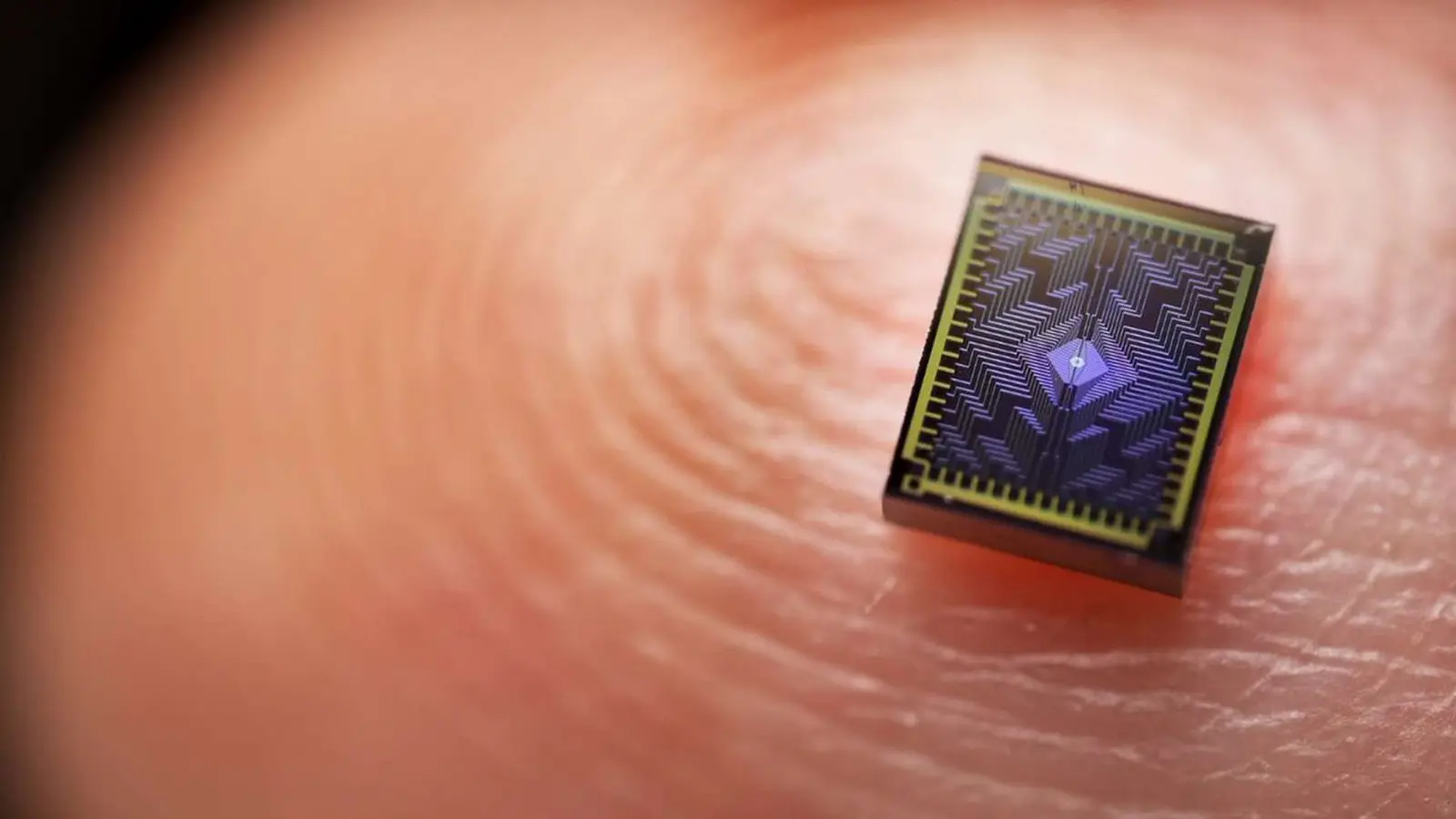 Intel's Tunnel Falls silicon spin-qubit chip resting on a fingertip, a close-up of a small square chip with fine blue circuit lines.