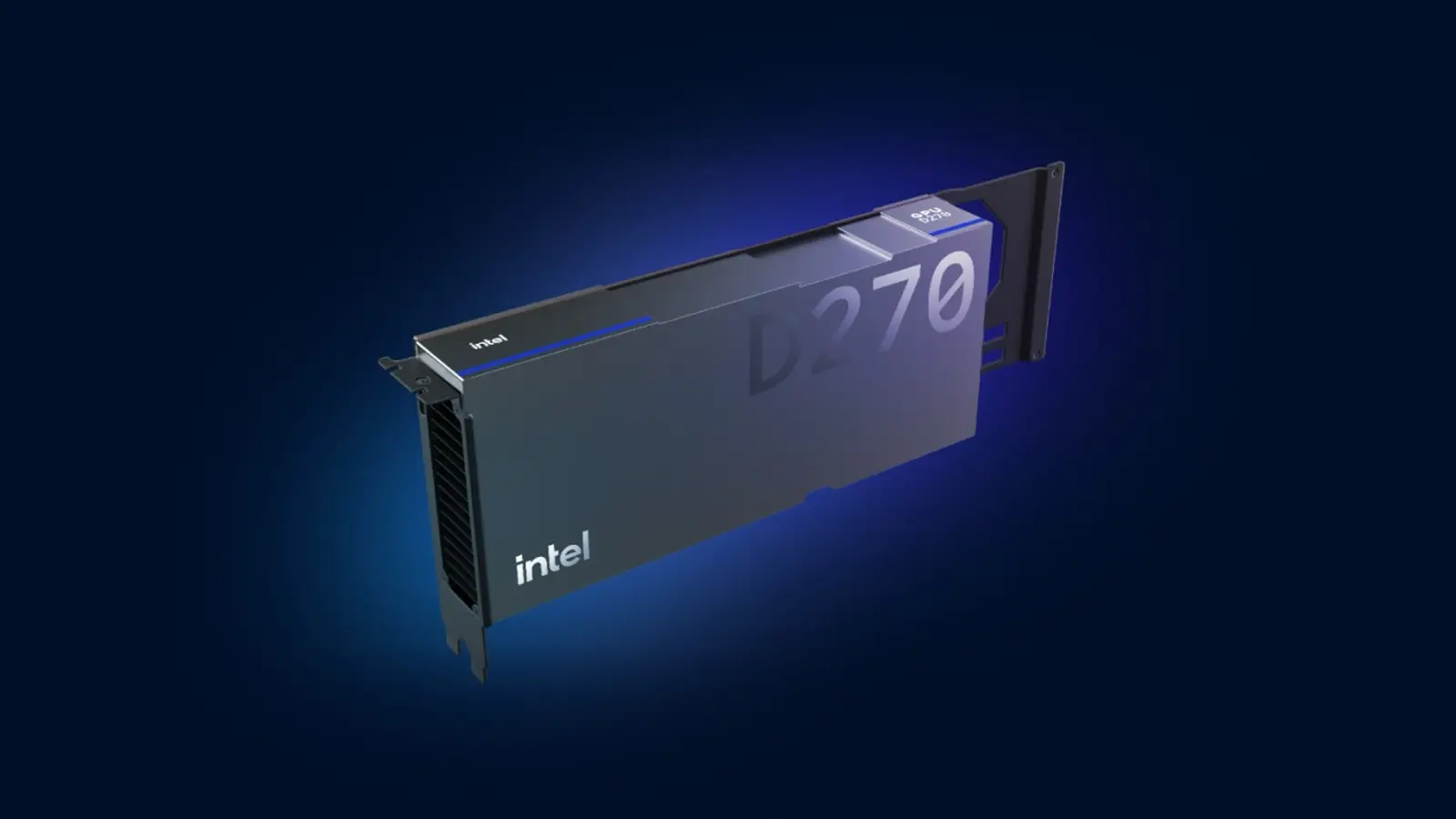 Render of the Intel GPU D270, a dark, full-height PCIe card with the Intel logo and D270 printed on its cover, on a blue background.