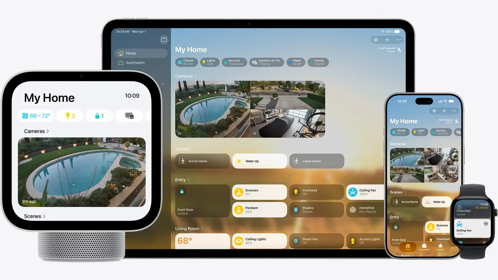 The Home app's My Home screen with cameras, scenes and a locked front door, shown on an Apple HomeView display, an iPad, an iPhone and an Apple Watch