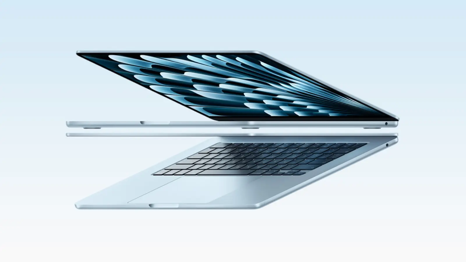 Apple MacBook Air in Sky Blue, open, shown on a white background.