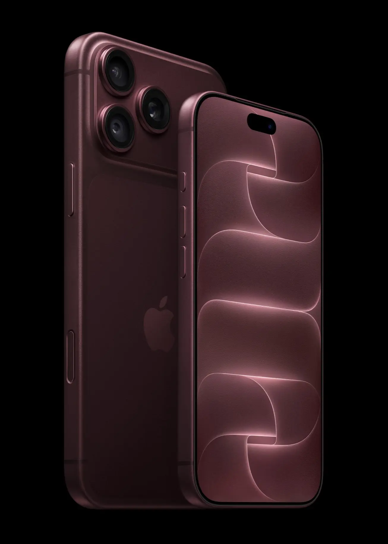 Apple press image of two iPhones in a burgundy finish, one showing its back camera and one showing its screen.