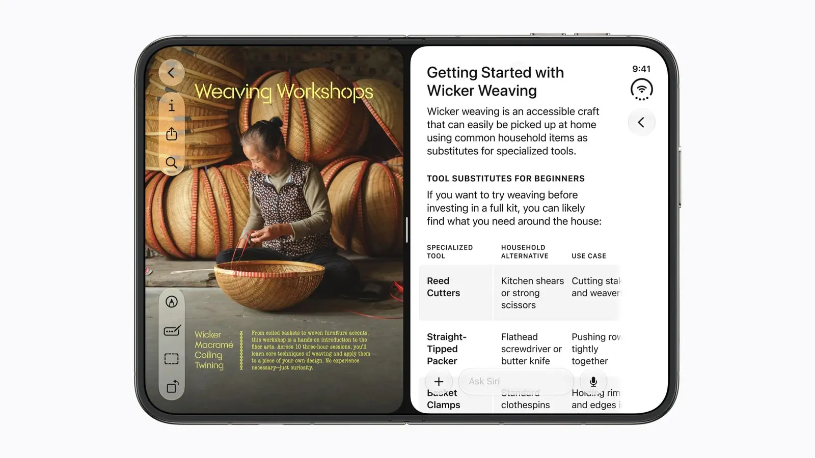 Apple press image of the iPhone Duo opened flat in landscape, with a weaving workshop page on the left half of the inner display and a text article with an Ask Siri bar on the right half.