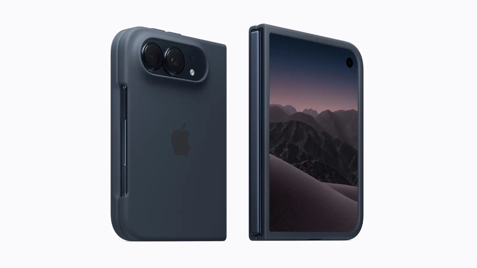 An iPhone Duo in a navy Duo Case, folded with its back and cameras facing out on the left and folded with its outer display showing a mountain dusk photo on the right.