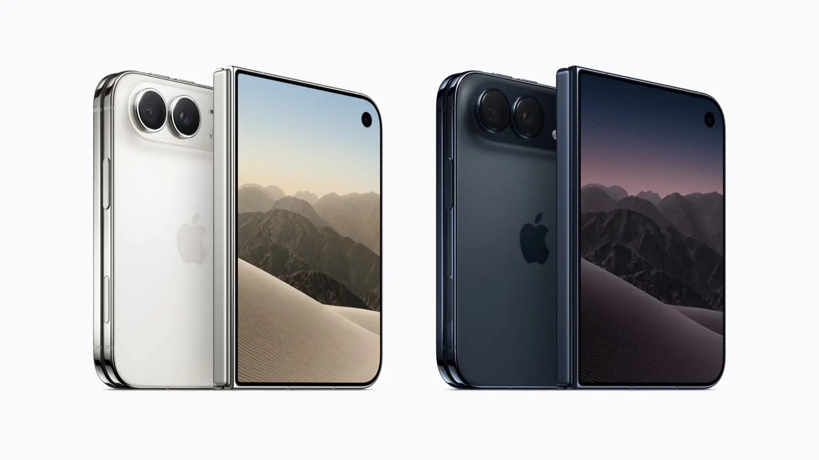 Two iPhone Duo phones, white and dark blue, seen from the back and open, with a desert mountain scene on the inner display.