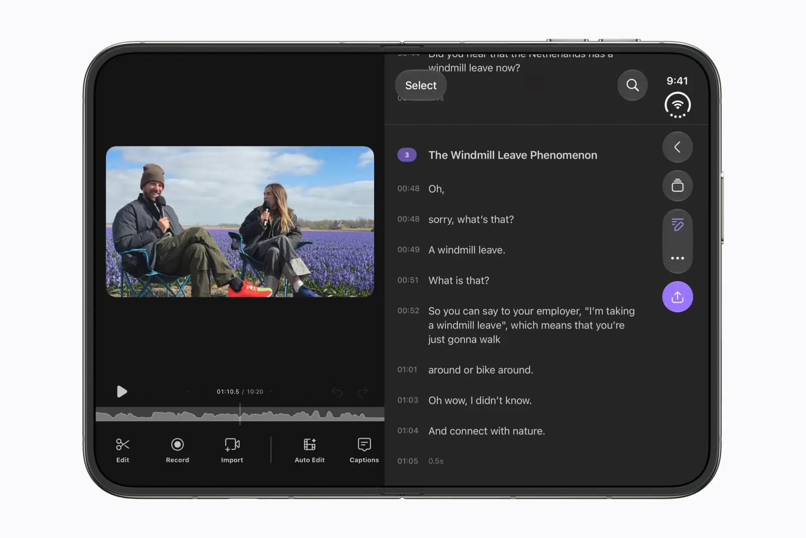 An iPhone Duo opened flat in landscape, with a video editor on the left half of the inner display and a transcript on the right.