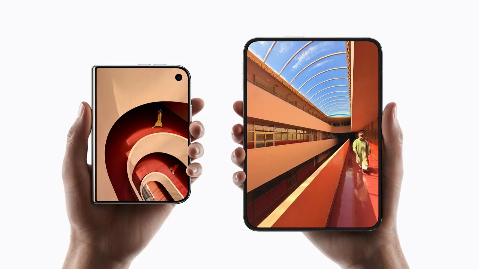 Two hands hold an iPhone Duo, one folded with its outer display showing a photo of a spiral staircase and one open with its larger inner display showing a photo of a corridor.