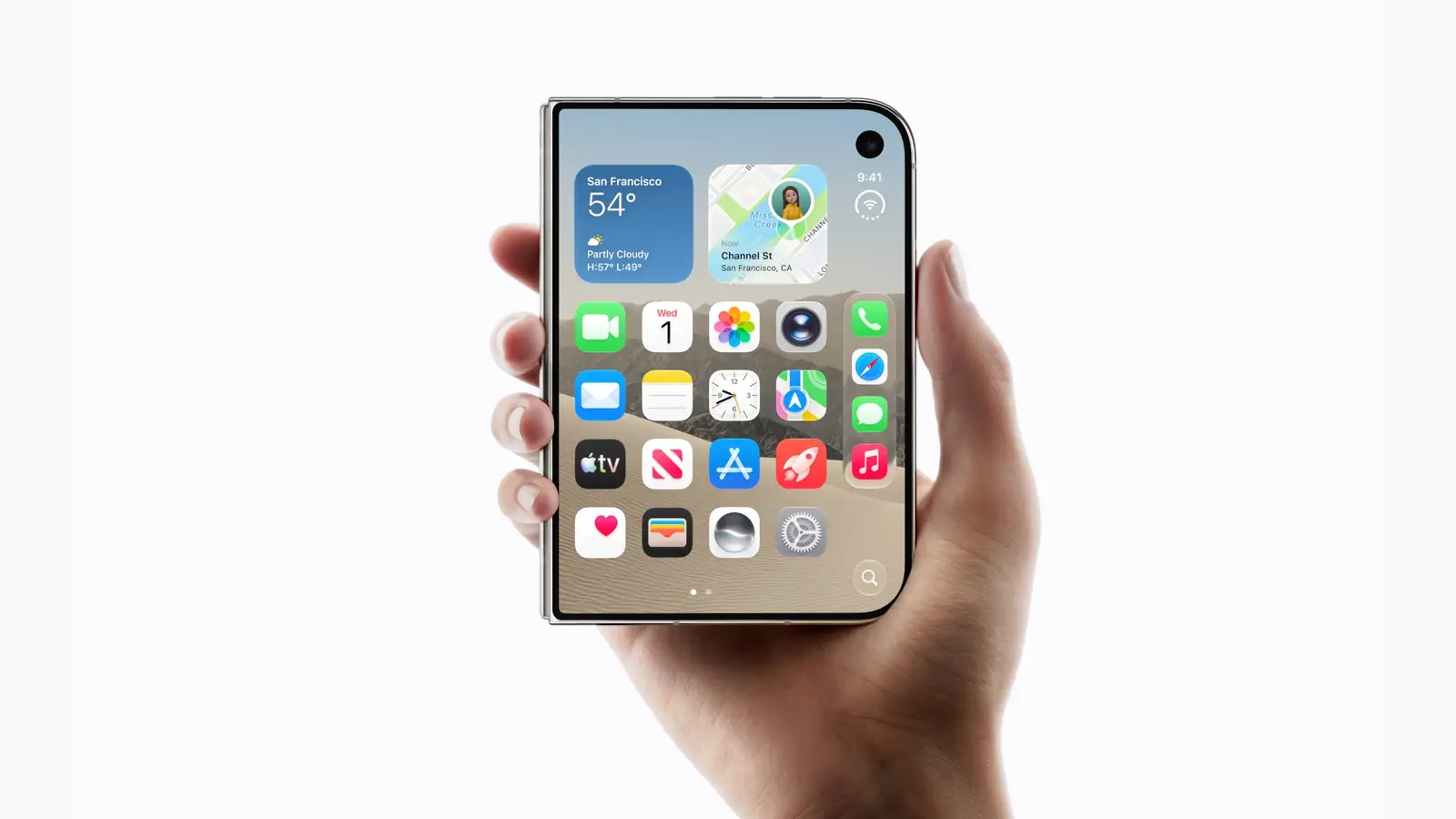 A hand holding an iPhone Duo upright against a white background, its screen showing a home screen of app icons and widgets.