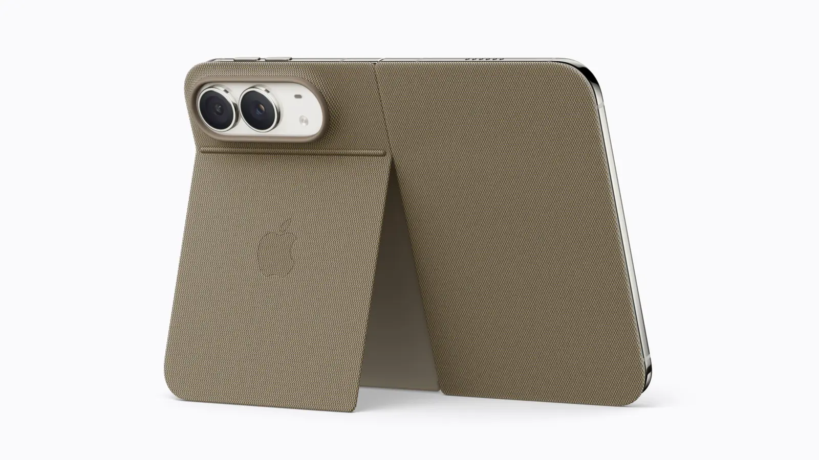 An iPhone Duo in a taupe Folio case with its kickstand out, the rear cameras visible.