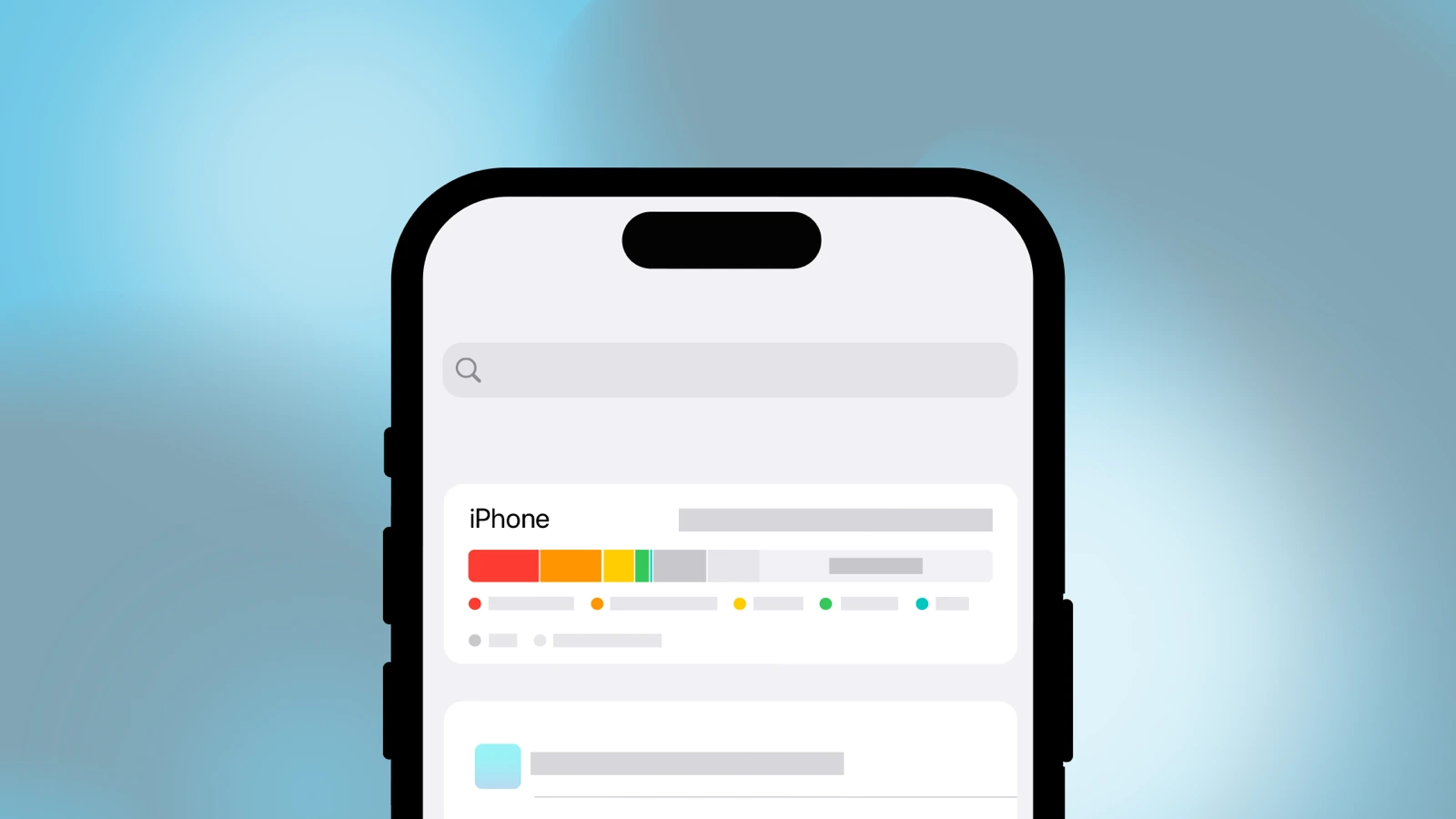 An iPhone showing a colored storage bar by category above a list of storage recommendations, on a blue background.