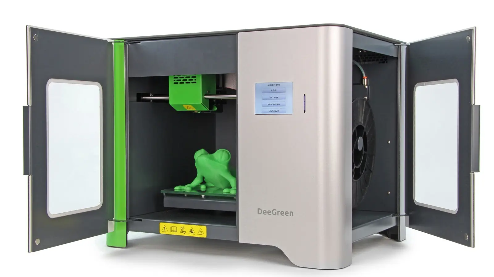 A fully enclosed desktop 3D printer with both doors open, showing a green printed frog on the build plate and the touchscreen on the front panel.