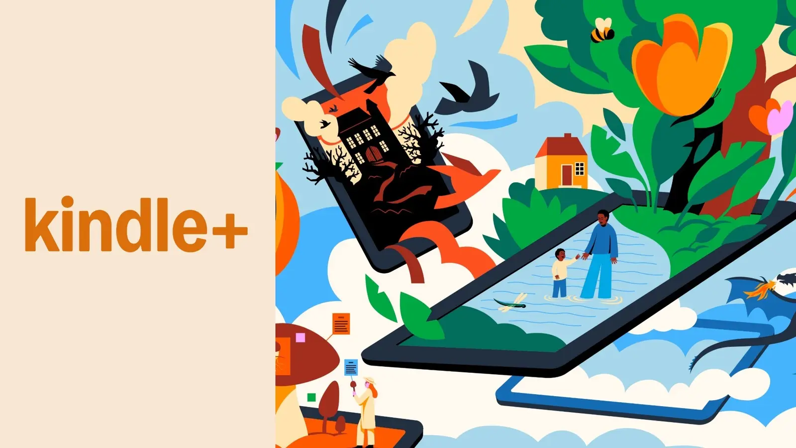 The orange kindle+ logo on a cream panel beside a colorful illustration of e-reader screens with a haunted house, a lake and a dragon.