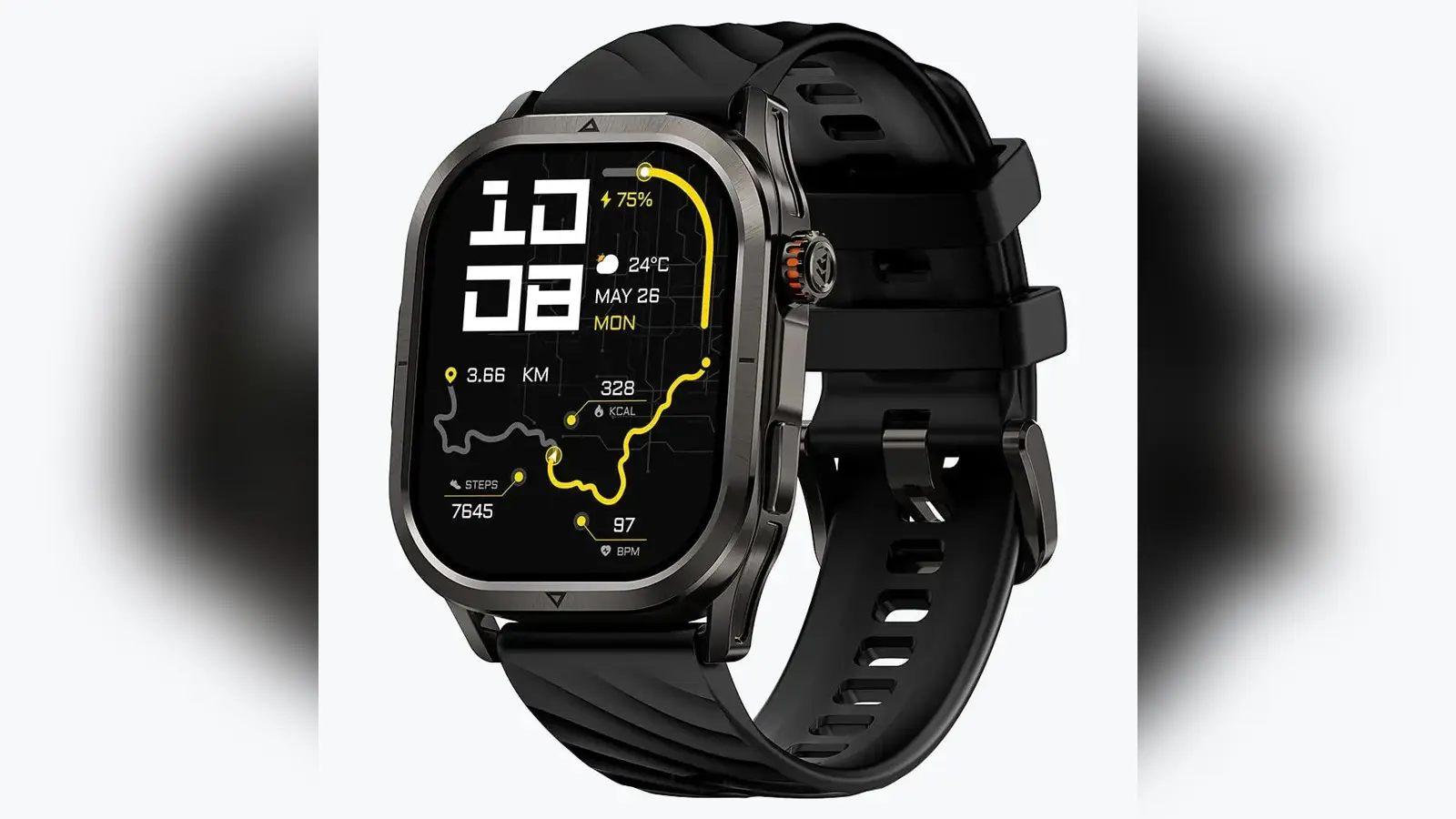 A black square smartwatch with a stainless steel case and a dark band, shown from the front on a white panel with blurred dark sides.