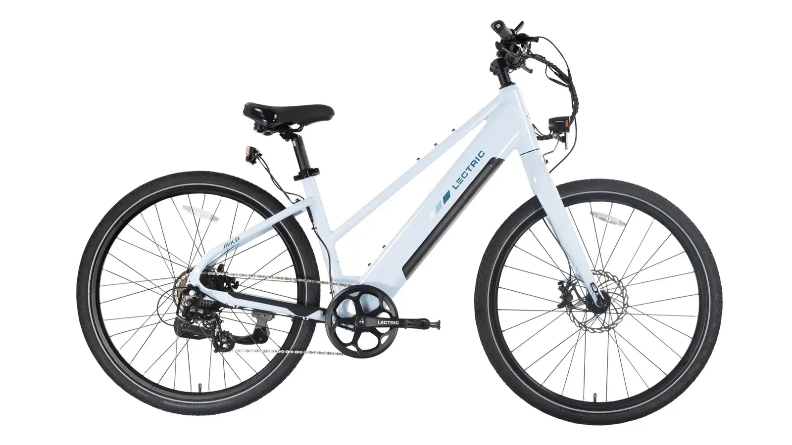 The Lectric XPress Lite e-bike in blue, seen from the right side against a white background, whole bike in frame, with a mid-step frame, slick tires and a battery on the down tube.