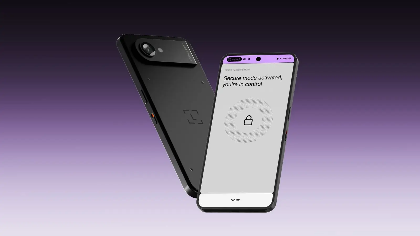 A black Ledger Atom phone-style device seen from the back, showing a Secure Element camera module, beside its front screen reading Secure mode activated, you're in control.